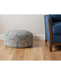 24" Blue Cotton Round Ikat Pouf Ottoman