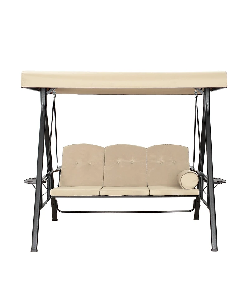 Steel 3 Person Patio Swing Chair Swinging Outdoor with Removable Mat, Cushion and Convertible Canopy, Navy Blue