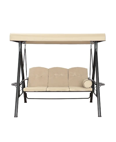 Steel 3 Person Patio Swing Chair Swinging Outdoor with Removable Mat, Cushion and Convertible Canopy, Navy Blue