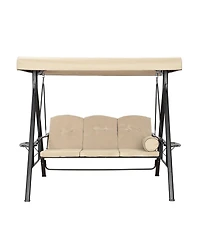 Steel 3 Person Patio Swing Chair Swinging Outdoor with Removable Mat, Cushion and Convertible Canopy, Navy Blue