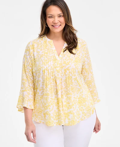 Style & Co Plus Morning Glories Pintuck Top, Exclusively at Macy's