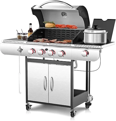 Cowsar Bbq Gas Propane Grill 4 Burner Cast Iron Flat Grill Griddle Combo with Side Burner Stainless Steel 42000 Btu for Outdoor Cooking Backyard Barbe