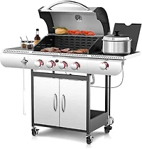 Cowsar Bbq Gas Propane Grill 4 Burner Cast Iron Flat Grill Griddle Combo with Side Burner Stainless Steel 42000 Btu for Outdoor Cooking Backyard Barbe