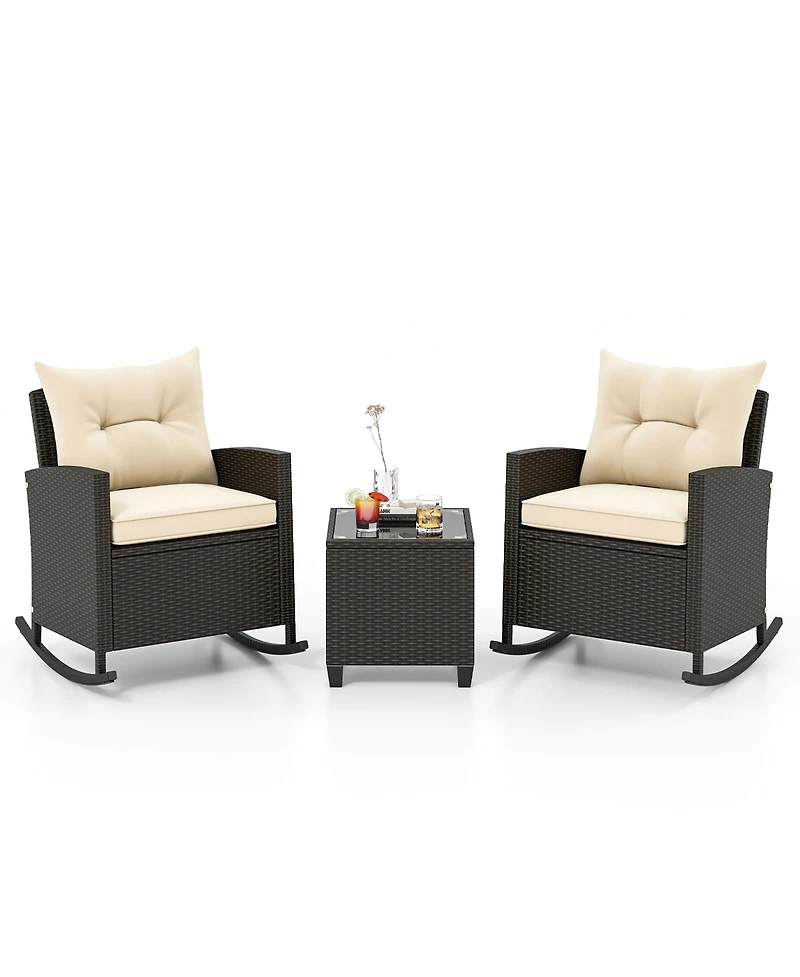 Gymax 3 Piece Outdoor Rocking Set Rattan Rocking Chair Set w/ Tempered Glass Table Seat