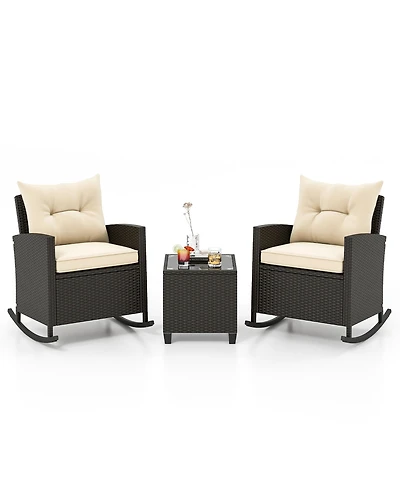 Gymax 3 Piece Outdoor Rocking Set Rattan Rocking Chair Set w/ Tempered Glass Table Seat
