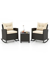 Gymax 3 Piece Outdoor Rocking Set Rattan Rocking Chair Set w/ Tempered Glass Table Seat