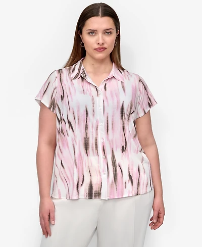 Dkny Plus Printed Short-Sleeve Button-Front Shirt