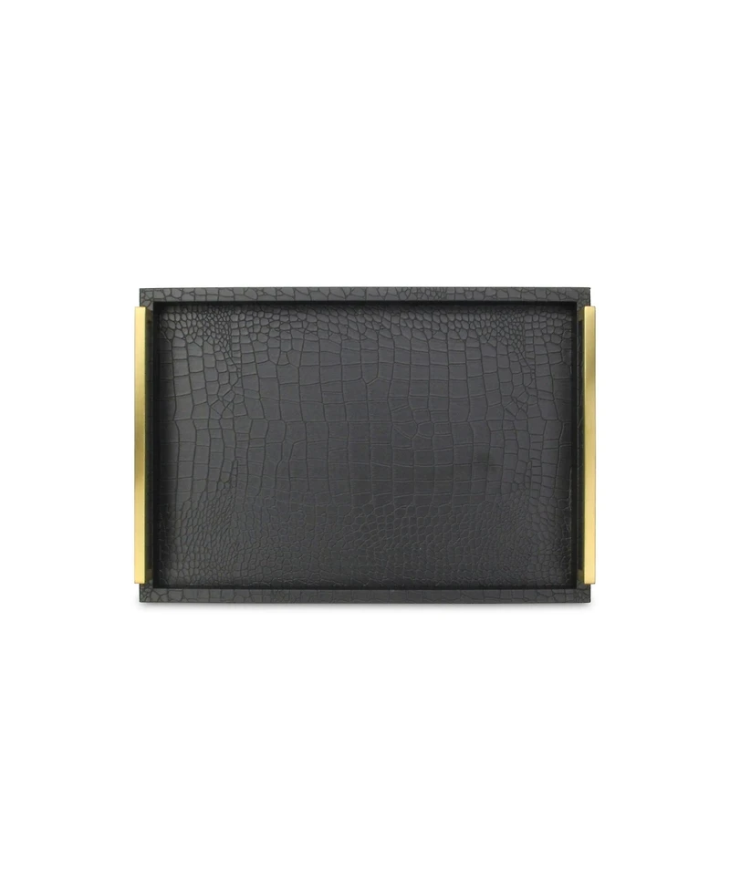 Set of Two Wood Serving Trays with Faux Croc Texture and Handles