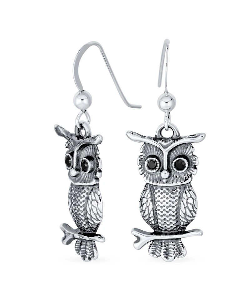 Bling Jewelry Flying Bird Dangle Earrings Owl Design Oxidized Sterling Silver