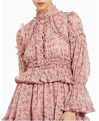 Mac Duggal Women's Long Sleeve Open Front High Neck Ruffle Mini Dress