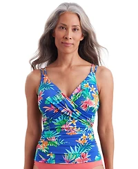 ShapeSolver by Mimi Flamingo Women's Pressed Flowers Crossover Tankini Swimsuit Top