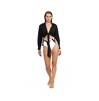 Luma Gottex Women's High Low Collared Front Tie Blouse Cover Up
