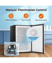 Zafro 3.0 Cu.ft upright mini freezer with adjustable thermostat, removable shelves, and reversible door. Ideal for bedrooms, homes, dorms, or apartmen