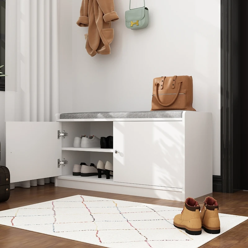 Shoe bench with movable shelves, white wooden shoe rack with two doors and four storage compartments, Entryway Bench