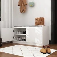 Shoe bench with movable shelves, white wooden shoe rack with two doors and four storage compartments, Entryway Bench