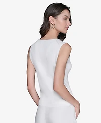 Karl Lagerfeld Paris Women's Embellished V-Neck Ribbed Knit Sleeveless Top