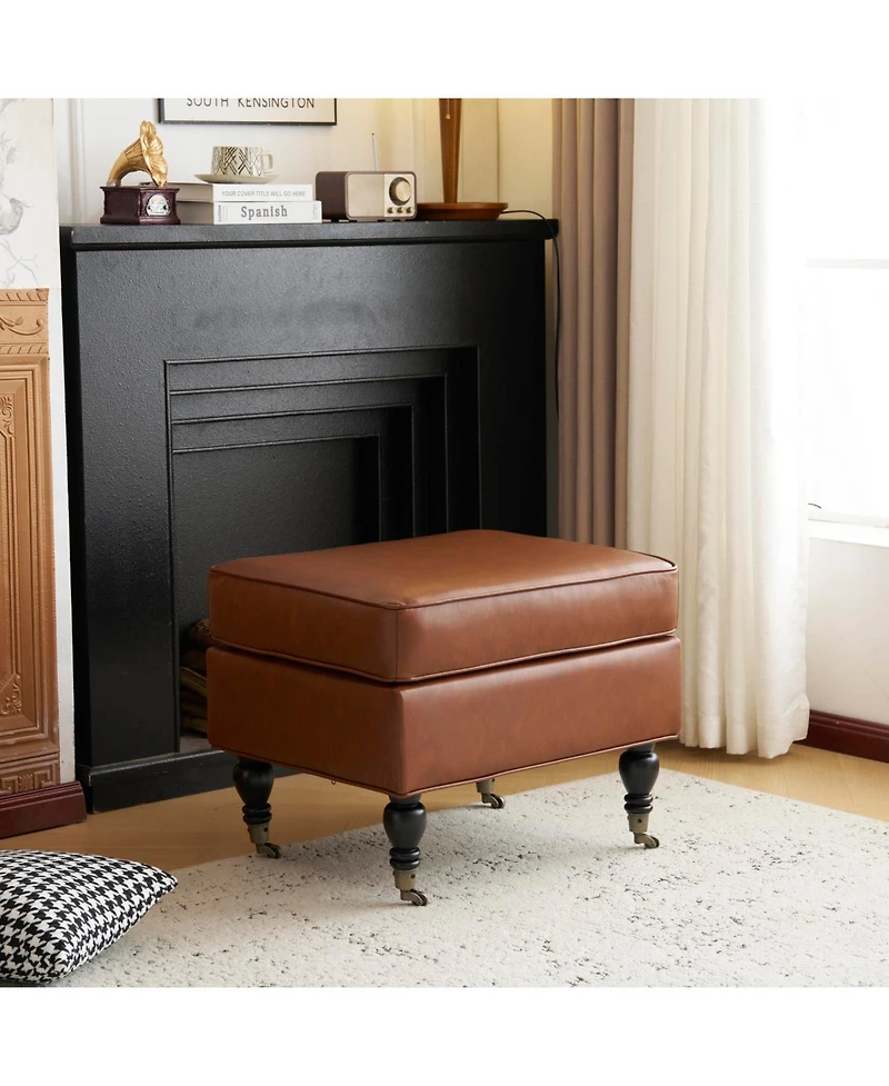 Streamdale Pu Leather Ottoman with Solid Wood Legs and Casters, Brown