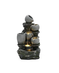 LuxenHome 3-Tier Gray Pots on Stacked Rocks 2.5-Feet Tall Outdoor Polyresin Fountain with Lights and Gray Side Planter