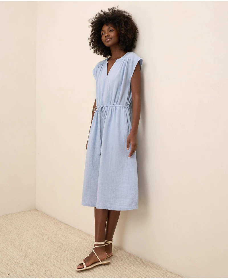 Pact Women's Organic Cotton Coastal Double Gauze Tie Waist Midi Dress
