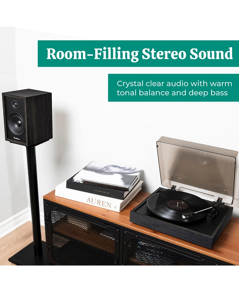 Electrohome Montrose Record Player Stereo System, 4" Bluetooth Powered Bookshelf Speakers, Belt-Drive Turntable with Audio-Technica Stylus, Speed Cont