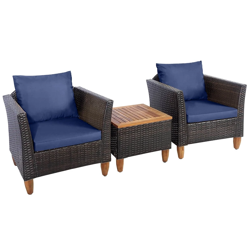 3PCS Patio Rattan Bistro Furniture Set Wood Table Top Cushion Sofa
