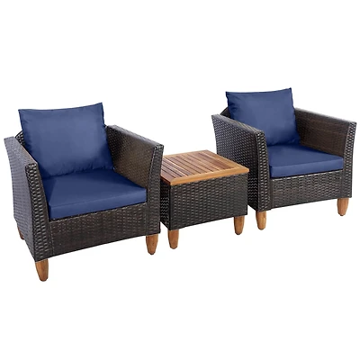 3PCS Patio Rattan Bistro Furniture Set Wood Table Top Cushion Sofa
