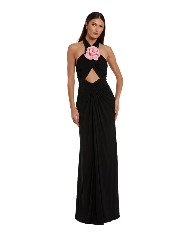 Mac Duggal Women's Jersey Crossover Halter Neck Gown With 3D Flower