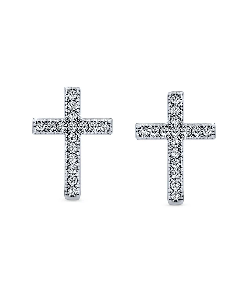 Bling Jewelry Traditional Religious Cz Stud Earrings, Micro Pave Cross, Sterling Silver Cubic Zirconia