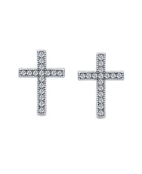 Bling Jewelry Traditional Religious Cz Stud Earrings, Micro Pave Cross, Sterling Silver Cubic Zirconia