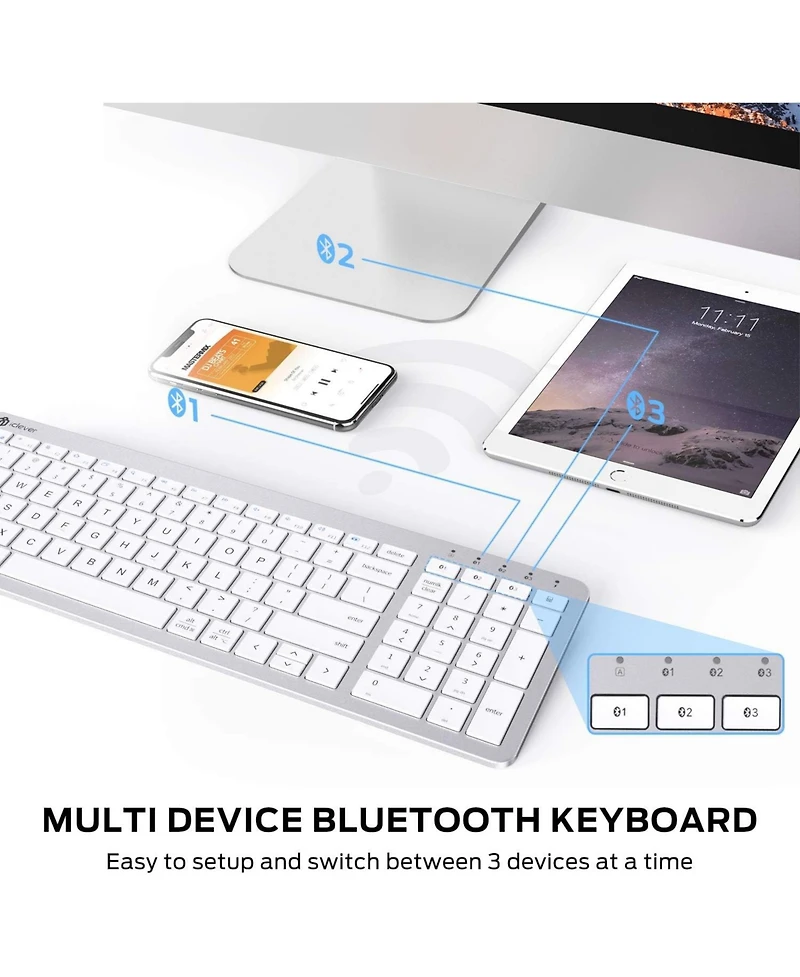 Rechargeable Bluetooth Keyboard, BKA26S Multi Device Keyboard Bluetooth 5.1 with Number Pad Ergonomic Design