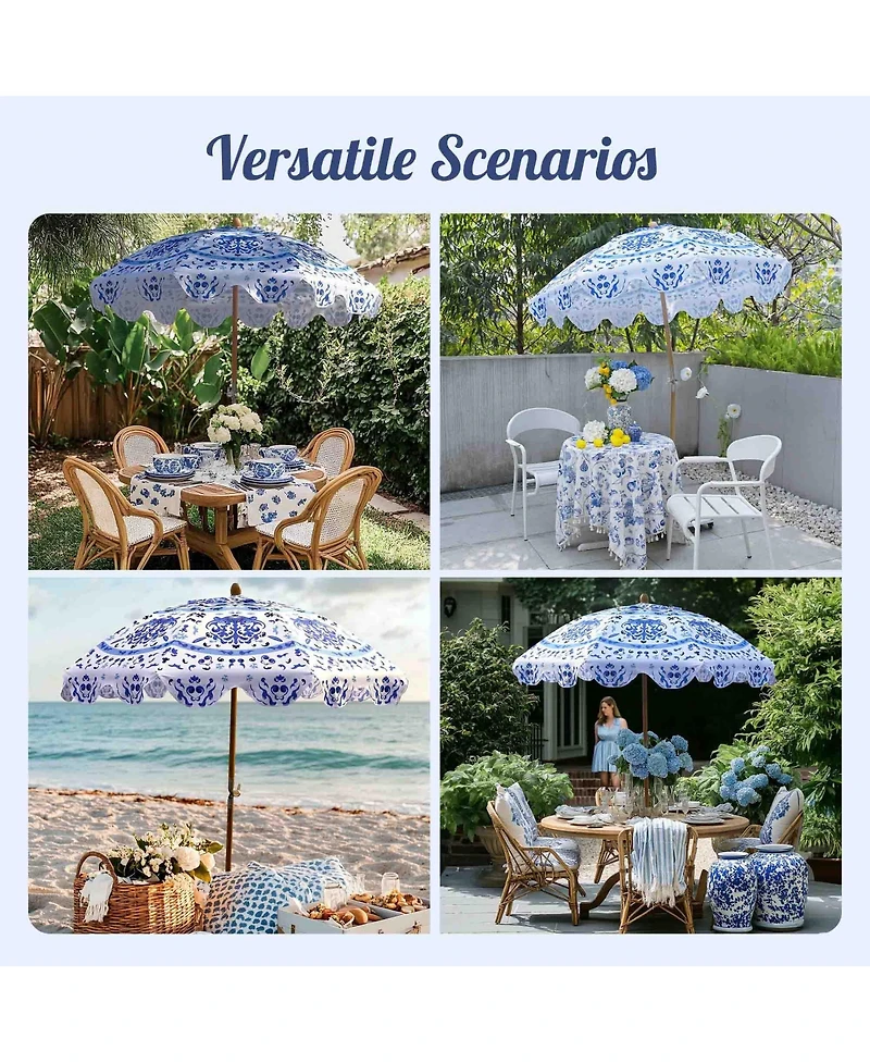 LAGarden Our Beach Portable Umbrella for Sand Beech Wood Pole Carry Bag with Printed Porcelain Love Cute Garden Parasol