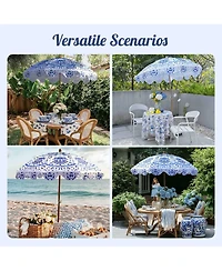 LAGarden Our Beach Portable Umbrella for Sand Beech Wood Pole Carry Bag with Printed Porcelain Love Cute Garden Parasol