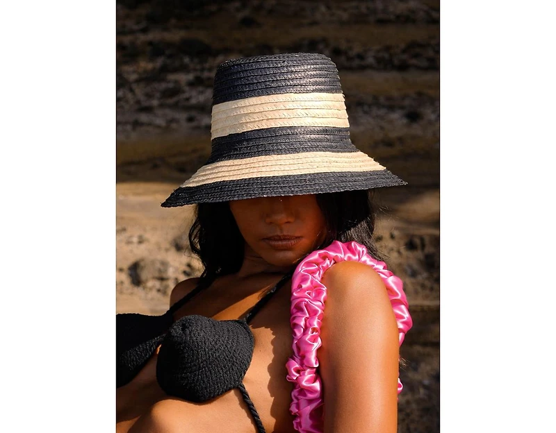 Brunna.co Nona Striped Bucket Palm Straw Hat Black and Natural