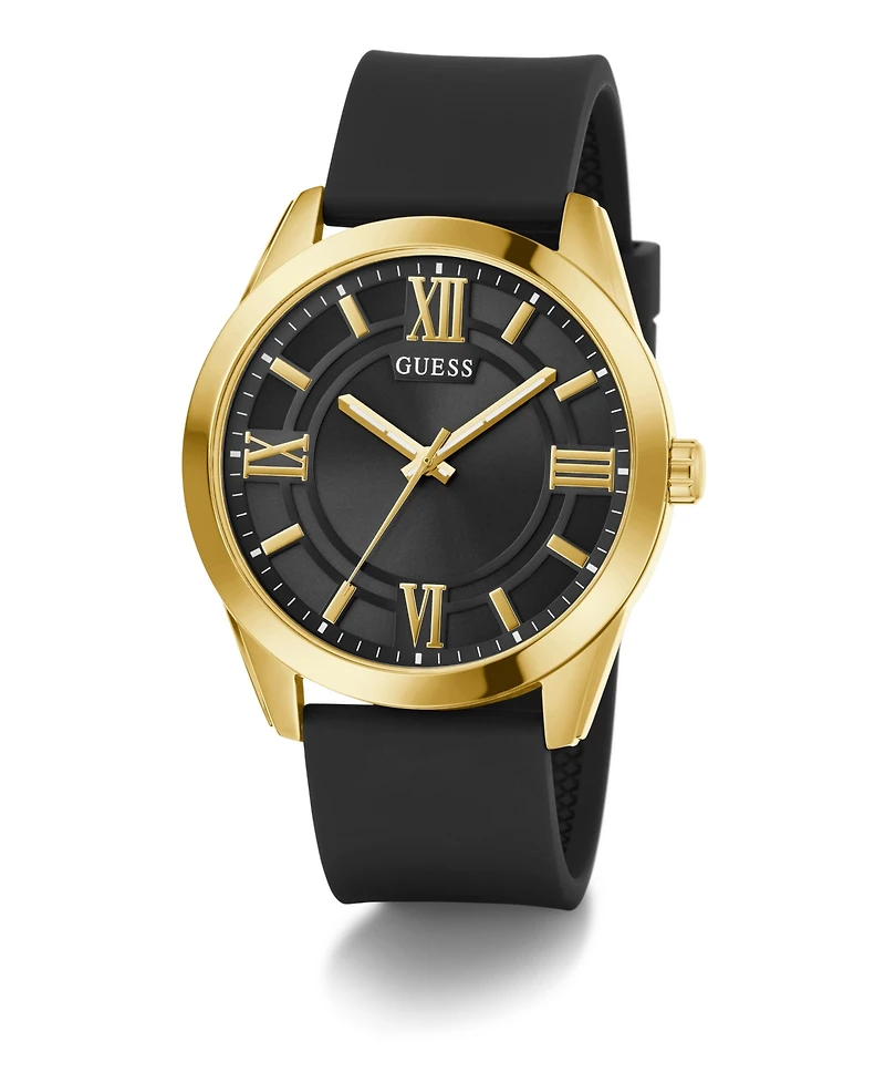 Guess Men's Analog Black Gold-Tone Silicone Strap Watch, 44mm