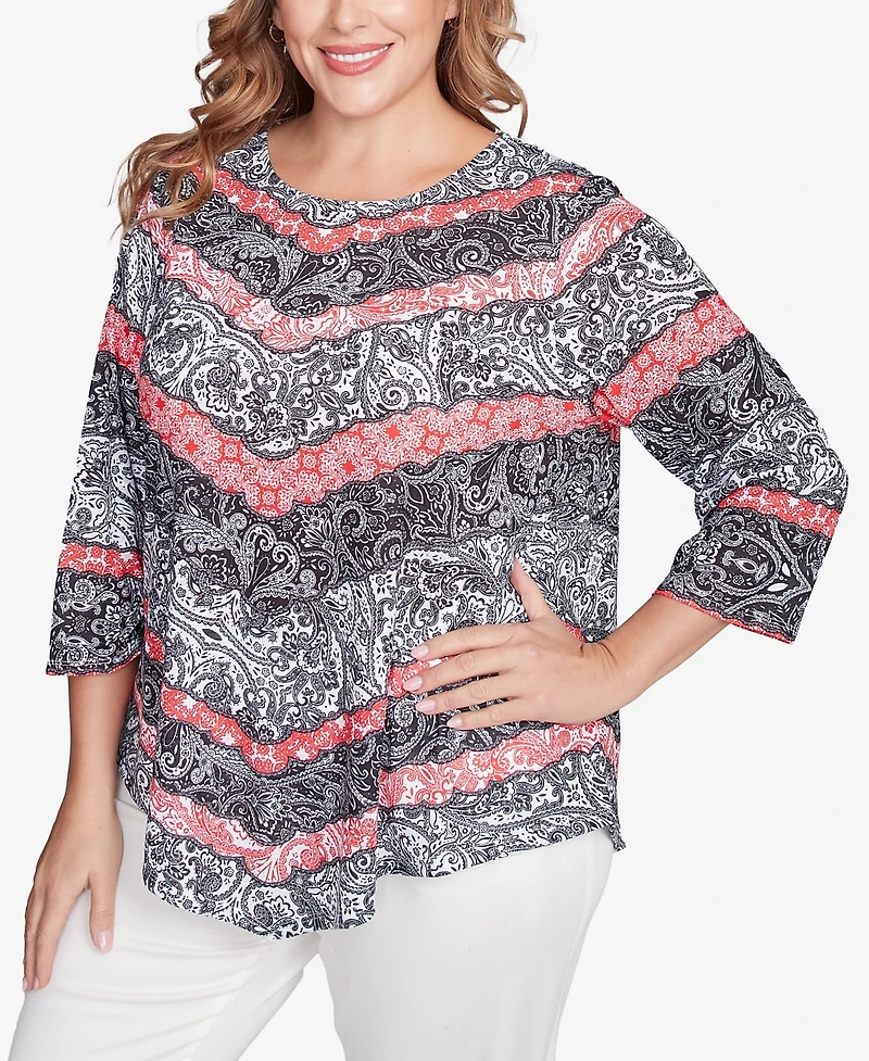 Ruby Rd. Plus Lace Chevron Sublimation Jersey Scoop Neck Top