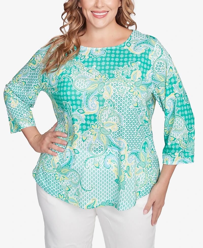 Ruby Rd. Plus Size Mixed Pattern Sublimation Knit Crew Neck Top