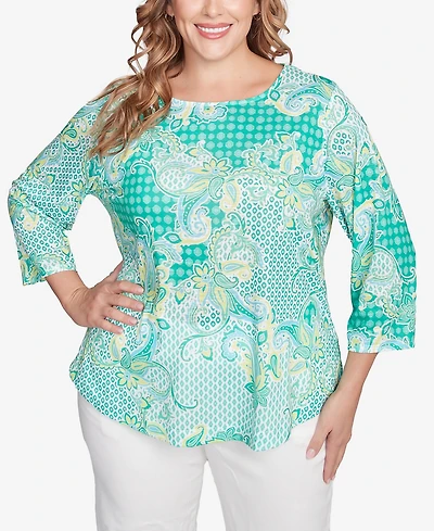 Ruby Rd. Plus Size Mixed Pattern Sublimation Knit Crew Neck Top