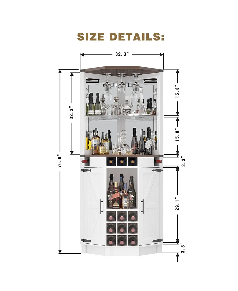 Farmhouse Corner Bar Cabinet with Rgb Led Lighting, Barn Style 32.3'' Wine Bar