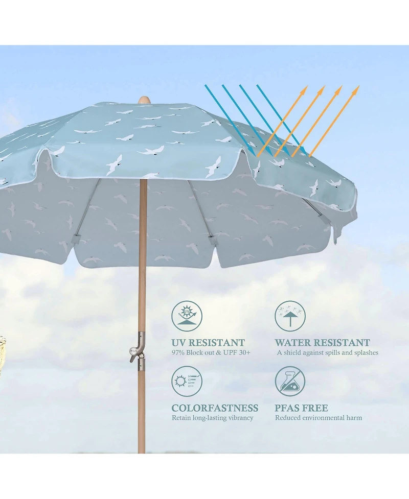 LAGarden Our Beach Portable Umbrella for Sand Beech Wood Pole Carry Bag with Printed Seagull Cute Garden Parasol