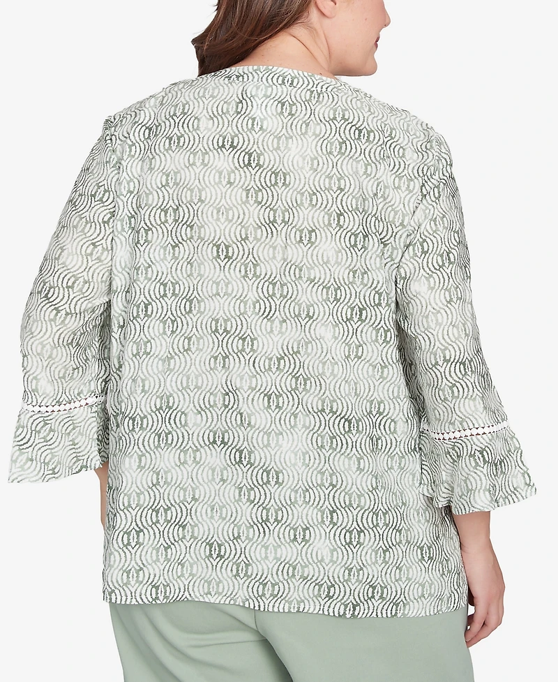 Alfred Dunner Plus Size Santa Fe Embroidered Geometric Flare Sleeve Top