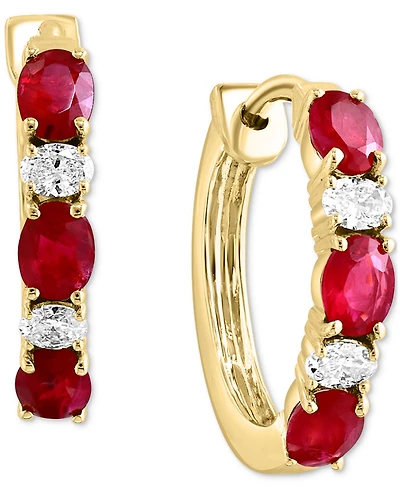 Lali Jewels Ruby (1-1/3 ct. t.w.) & Diamond (1/5 ct. t.w.) Small Hoop Earrings in 14k Yellow Gold, 0.62"
