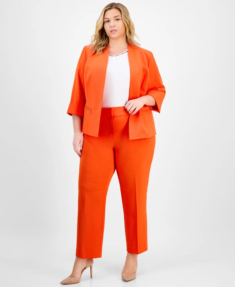 Kasper Plus Size Zip-Pocket Cuffed 3/4-Sleeve Blazer