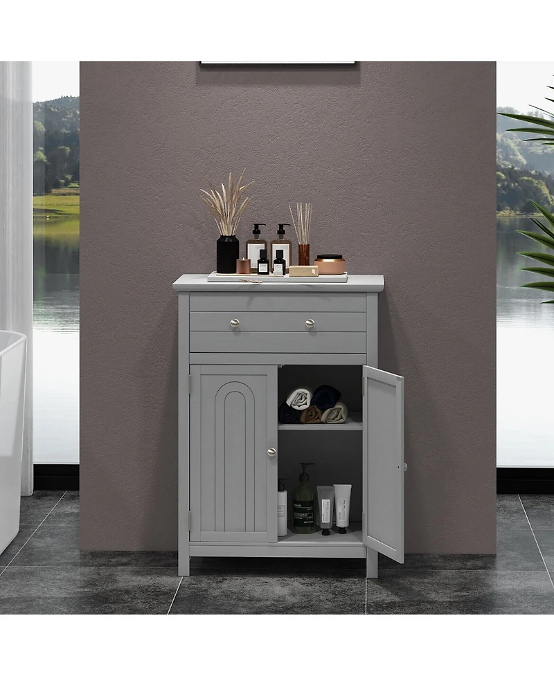 Gymax Bathroom Floor Cabinet Wooden Storage Organizer with Drawer & Doors Blcak
