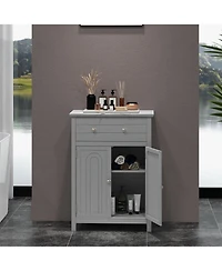 Gymax Bathroom Floor Cabinet Wooden Storage Organizer with Drawer & Doors Blcak