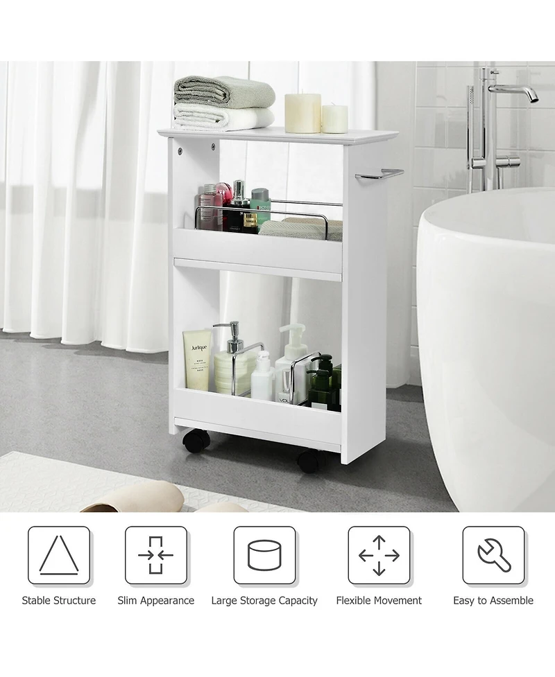 Gymax Slim Rolling Storage Cart 3-Tier Bathroom Cabinet Mobile Shelving Unit w/ Handle
