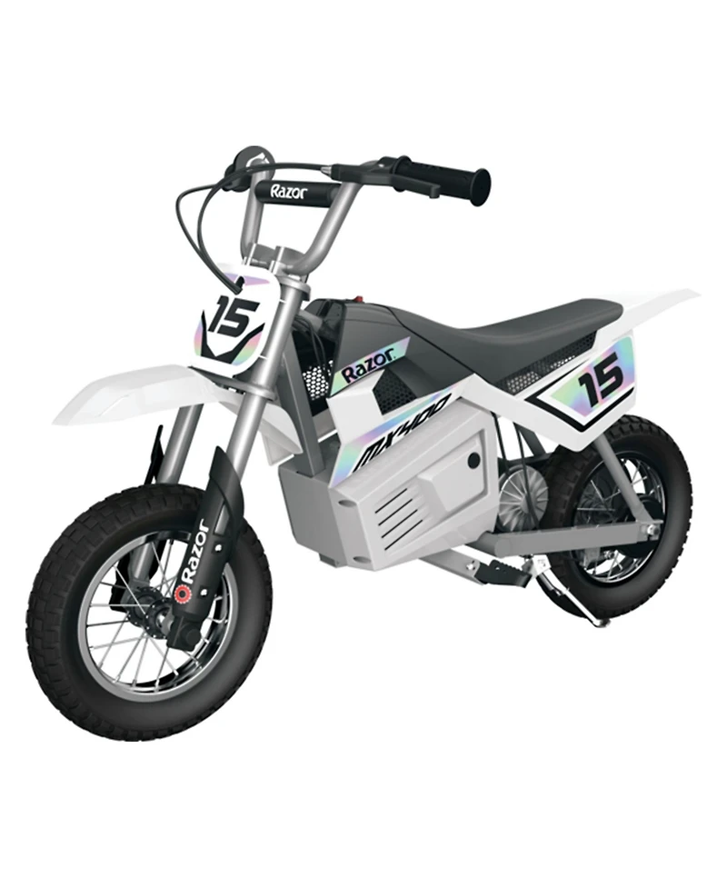 Razor MX400 Dirt Rocket 24V Ride On High-Torque Electric Motocross Motorcycle Toy Dirt Bikes, Speeds up to 14 Mph, for Ages 13+, 1 White & 1 Green