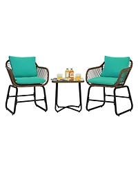 3PCS Patio Rattan Bistro Set Cushioned Chair Glass Table Deck