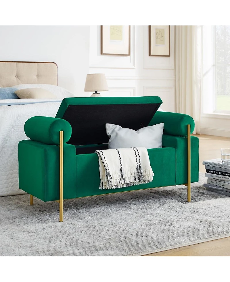 Upholstered Storage Bench with Cylindrical Armrests and Metal Legs Ottoman for Bedroom & Living Room or Entryway-The Pop Home