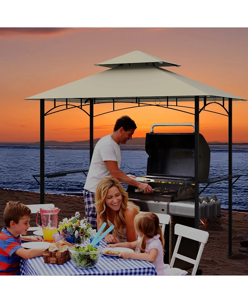 Outdoor Double-Tiered Grill Gazebo Canopy with 2 Shelves and 7 Hooks
