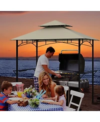 Outdoor Double-Tiered Grill Gazebo Canopy with 2 Shelves and 7 Hooks